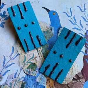 Vintage 80’s pop art turquoise and black rectangle earrings, very lightweight